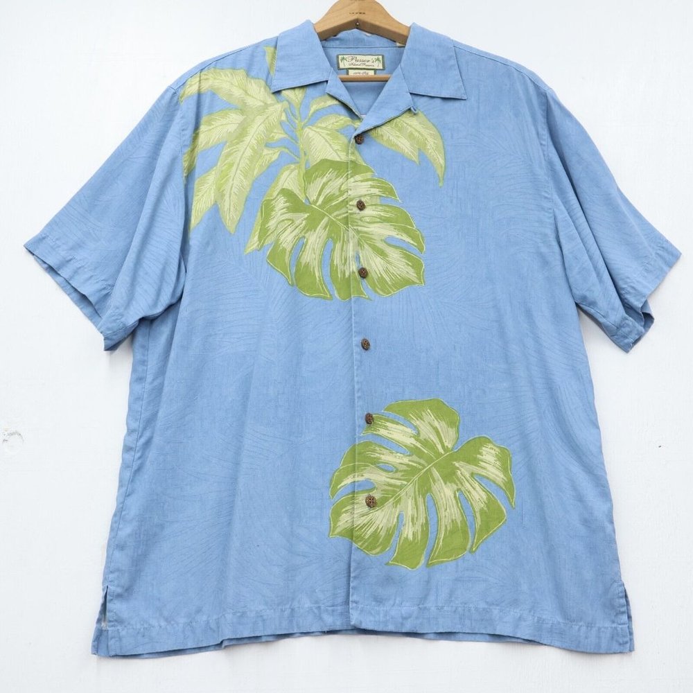 Pussers Island Reserve 100% Silk Mens Shirt Size M Blue Palm Fronds Short Sleeve